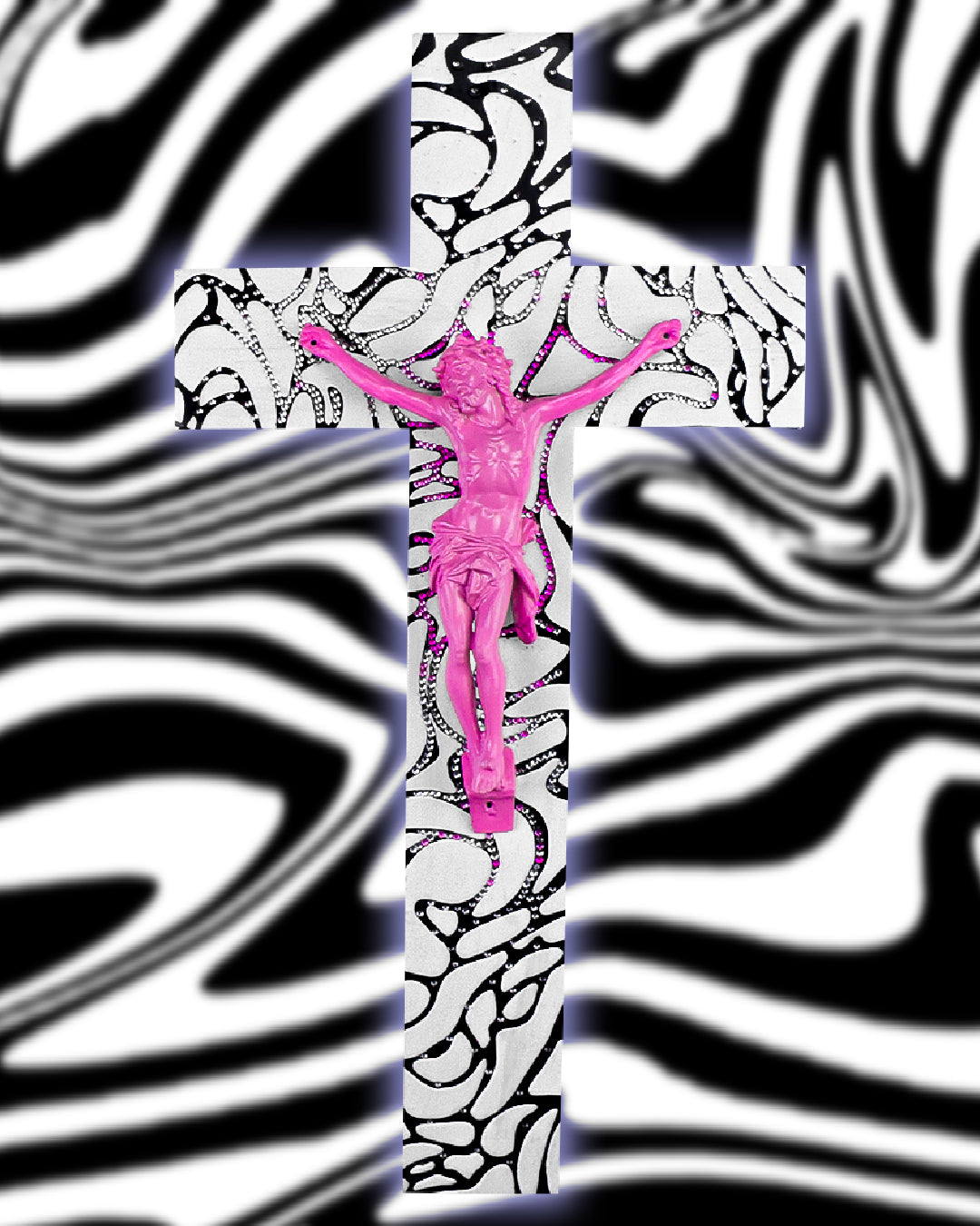 Crucifix N&B et Rose à Strass God is Queer