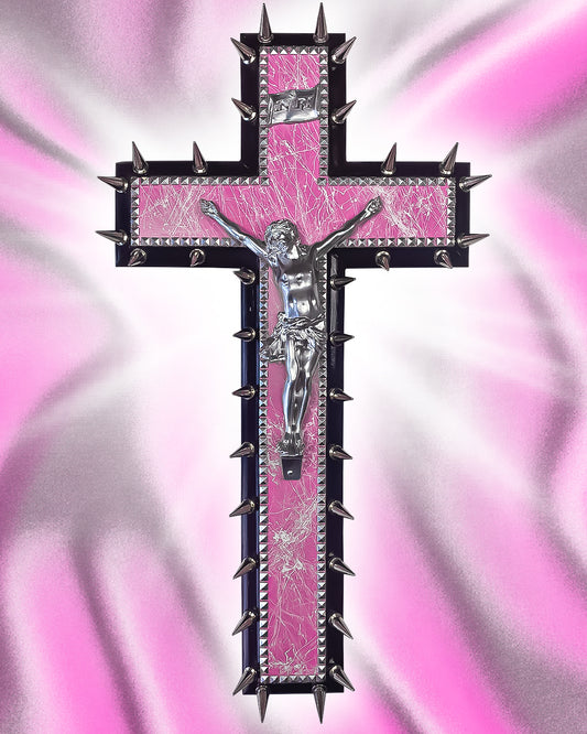 Crucifix Clous Imitation Marbre Rose God is Queer