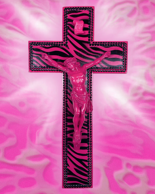 Crucifix Rose/Noir Motif Zèbre God is Queer