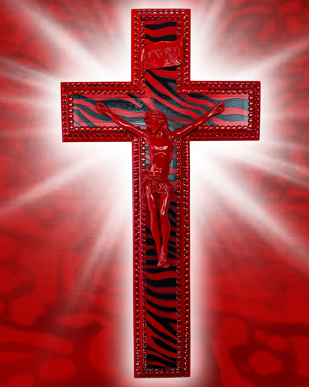 Crucifix Rouge Motif Zèbre God is Queer