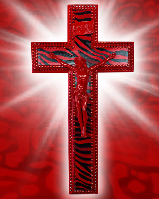 Crucifix Rouge Motif Zèbre God is Queer