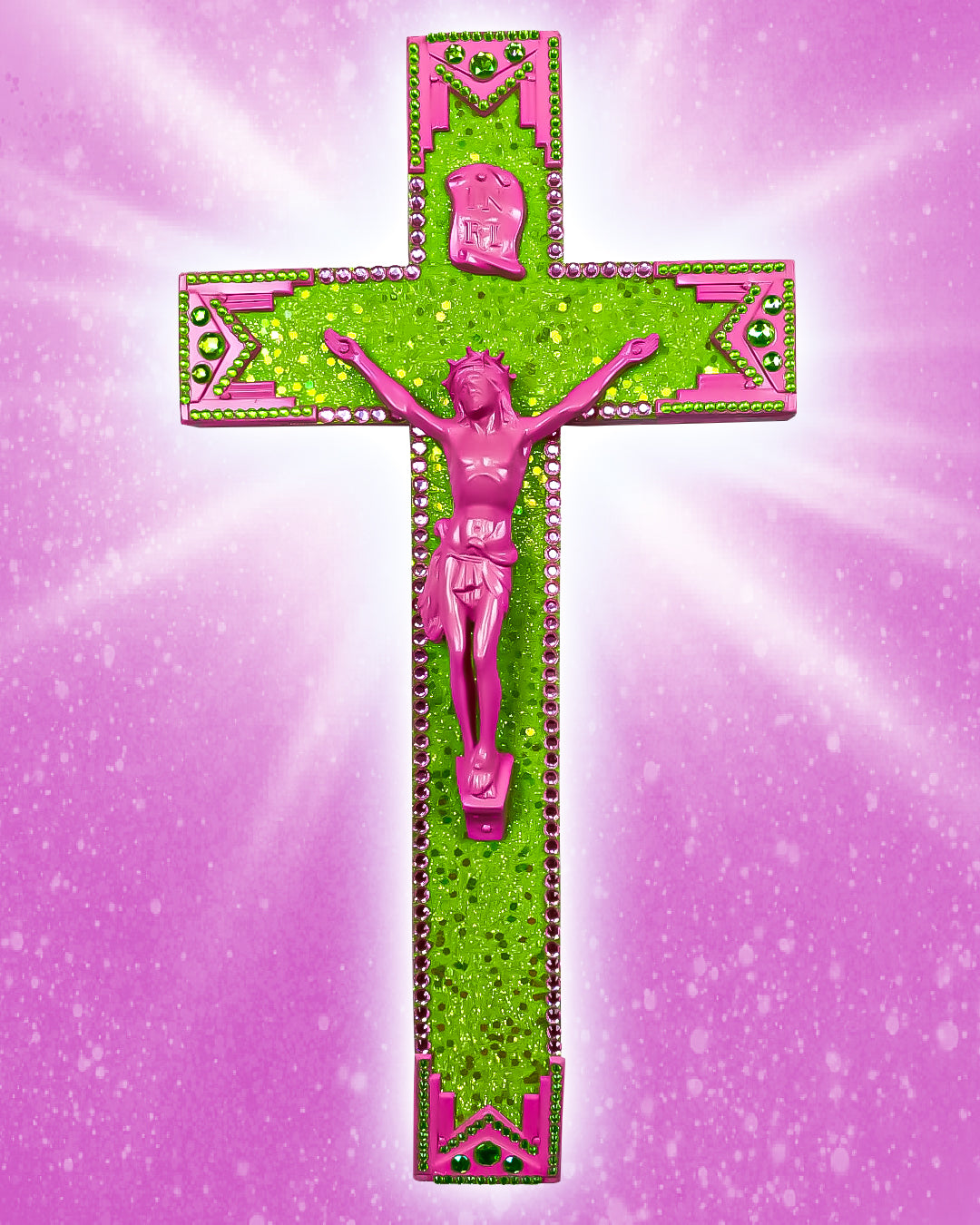 Crucifix Art Déco Rose et Vert God is Queer