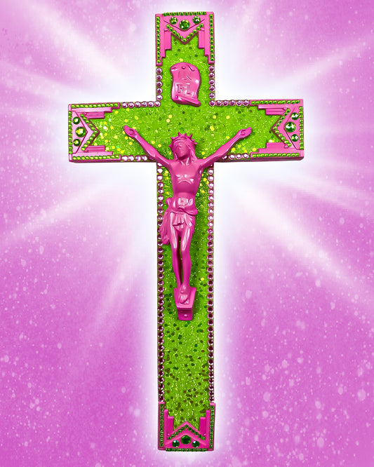 Crucifix Art Déco Rose et Vert God is Queer