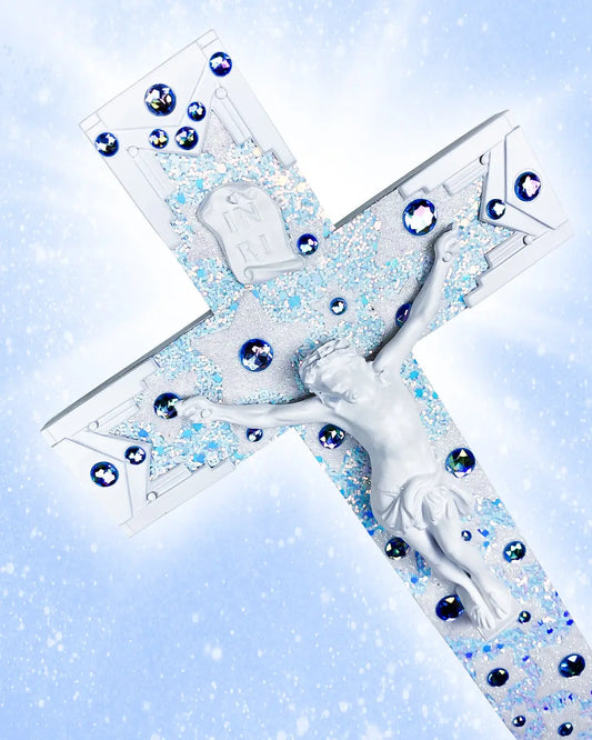 Crucifix Art Deco Blanc/Bleu Clair God is Queer