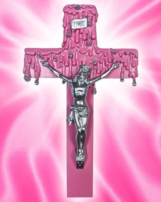 Crucifix Rose Dégoulinant Strass God is Queer
