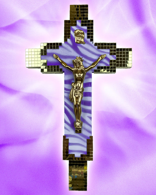 Crucifix Facettes Or Motif Zèbre God is Queer