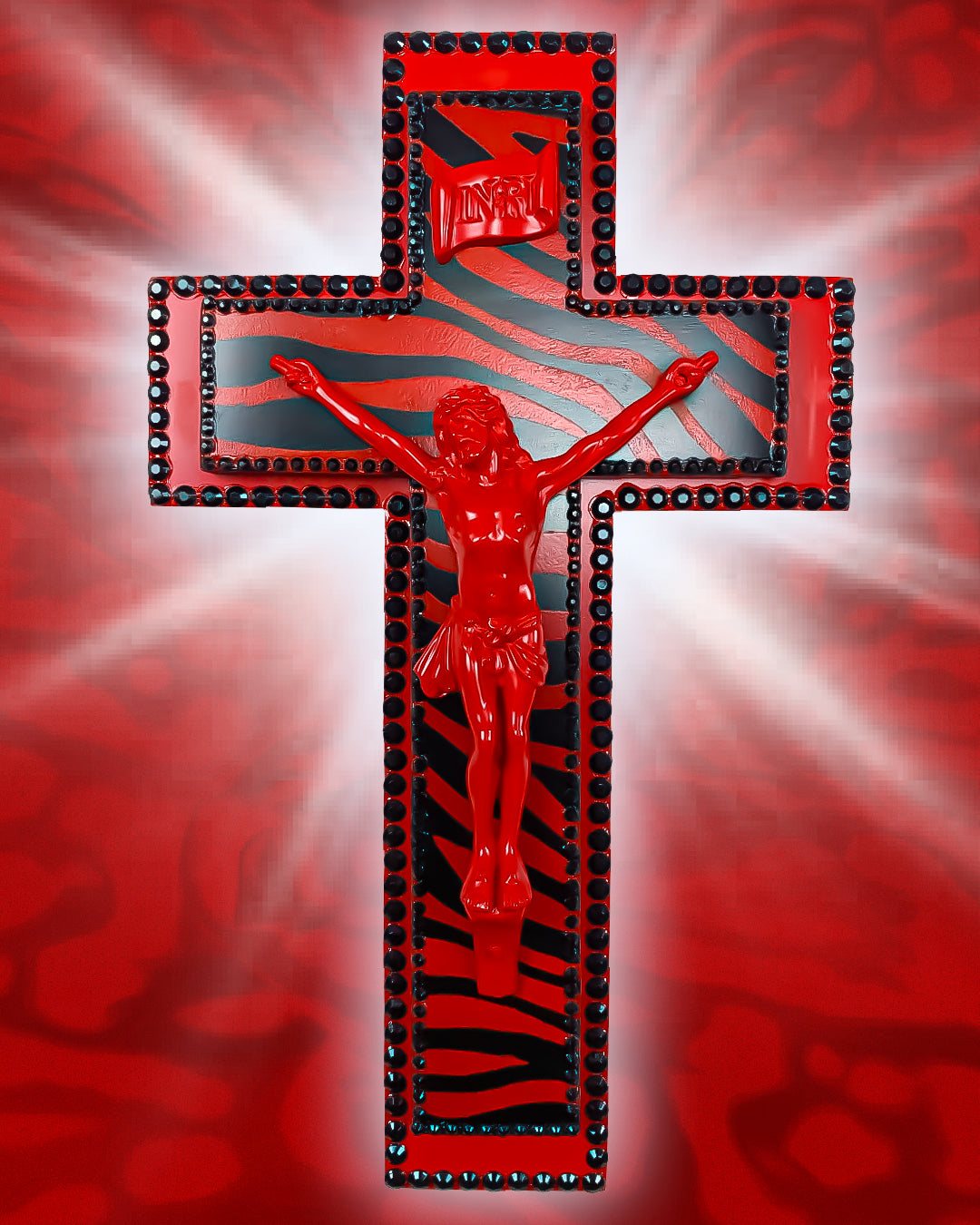 Crucifix Motif Zèbre Rouge et Noir God is Queer