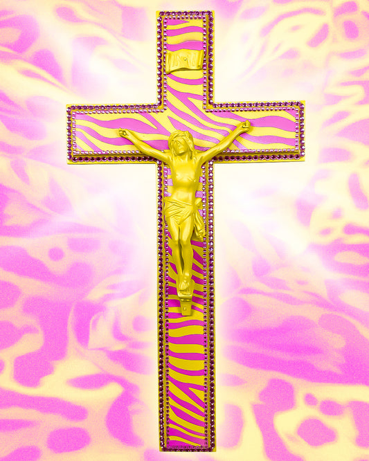 Crucifix Motif Zèbre Jaune et Rose God is Queer
