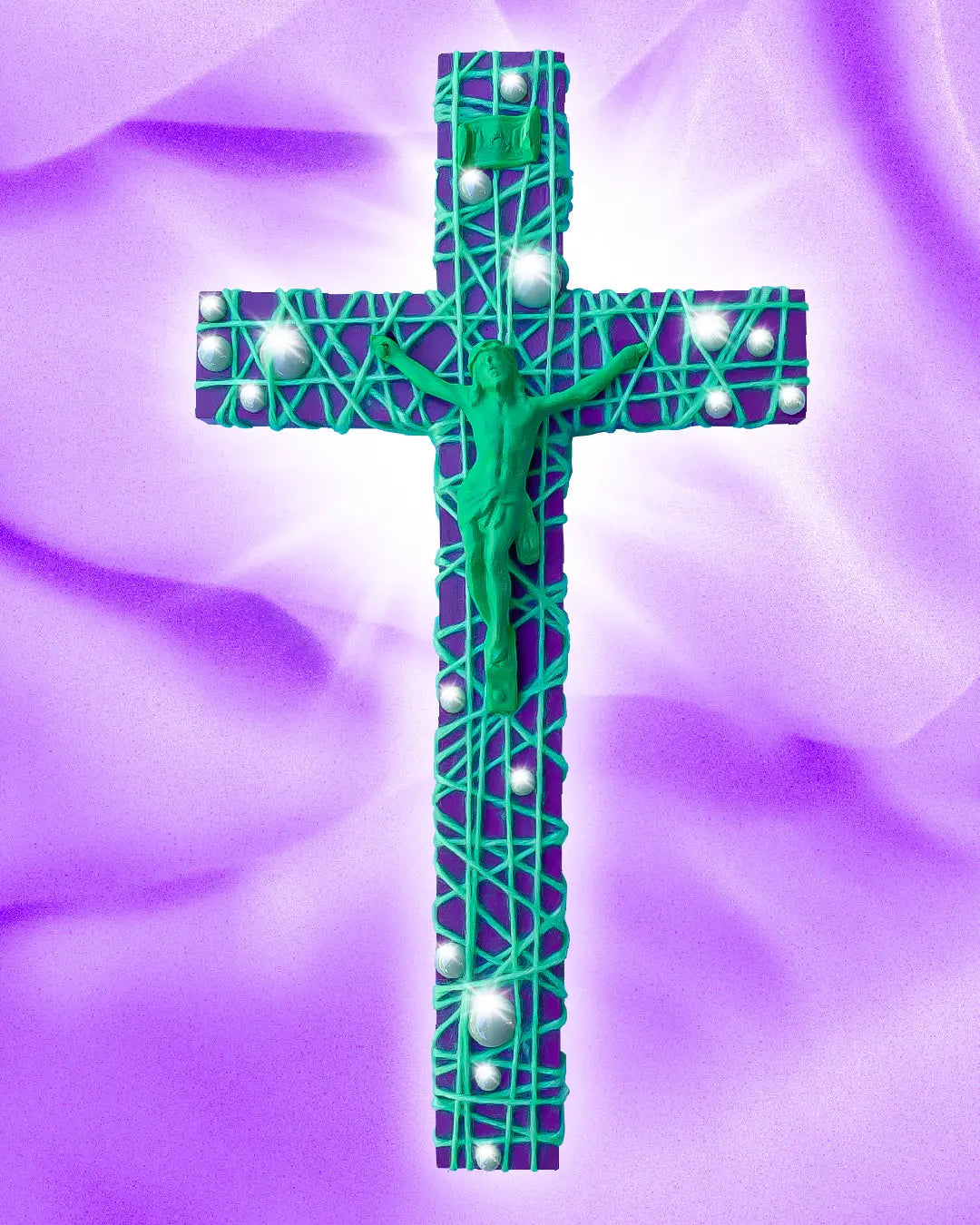 Crucifix Cordé Vert/Violet God is Queer