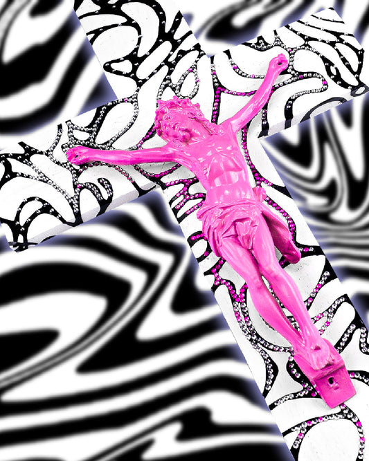 Crucifix N&B et Rose à Strass God is Queer