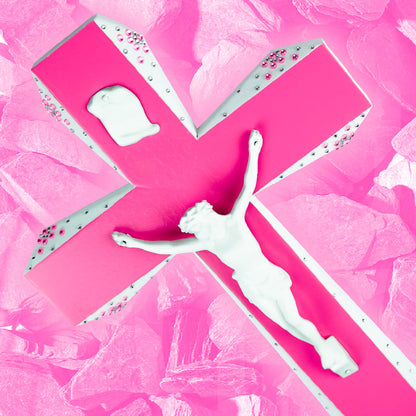 Crucifix Rose et Blanc à strass God is Queer