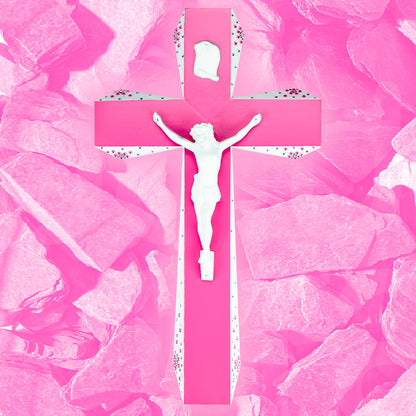 Crucifix Rose et Blanc à strass God is Queer