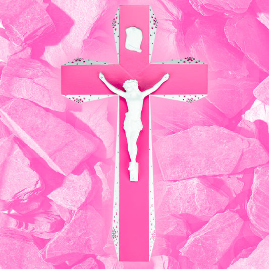 Crucifix Rose et Blanc à strass God is Queer