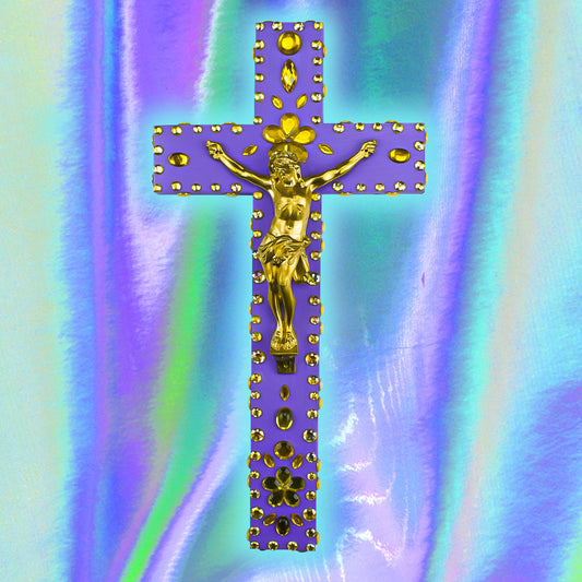 Crucifix Violet Strass Jaune God is Queer