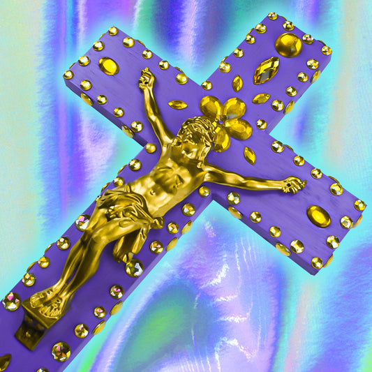 Crucifix Violet Strass Jaune God is Queer