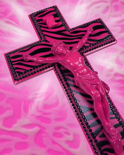 Crucifix Rose/Noir Motif Zèbre God is Queer