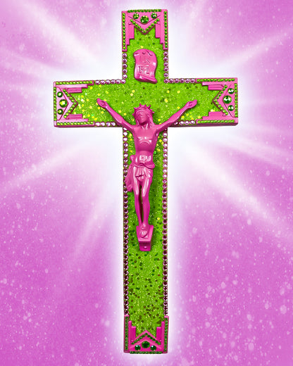 Crucifix Art Déco Rose et Vert God is Queer