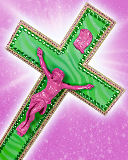 Crucifix Motif Organique Vert God is Queer