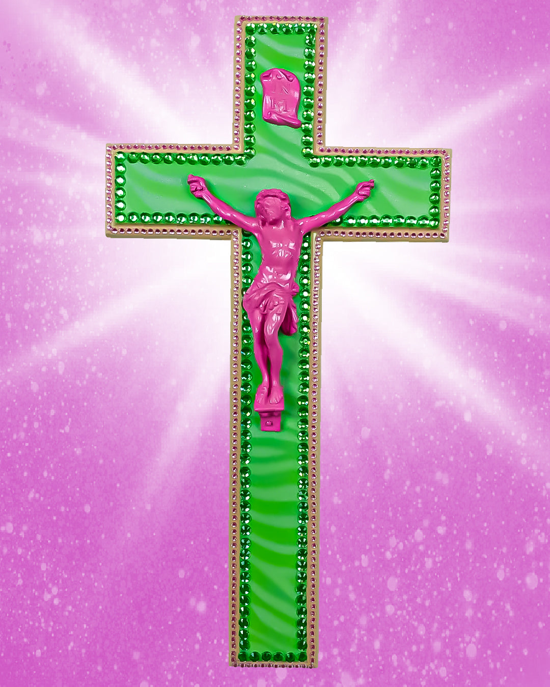 Crucifix Motif Organique Vert God is Queer