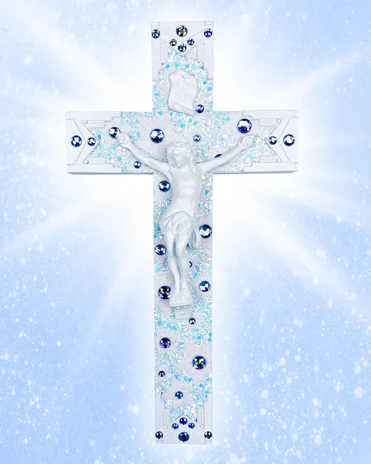 Crucifix Art Deco Blanc/Bleu Clair God is Queer