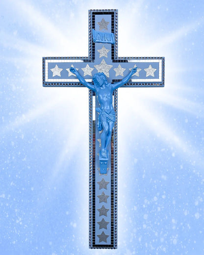 Crucifix Bleu Strass/Facettes God is Queer