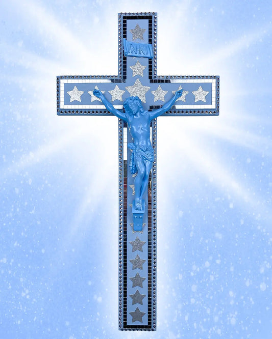 Crucifix Bleu Strass/Facettes God is Queer
