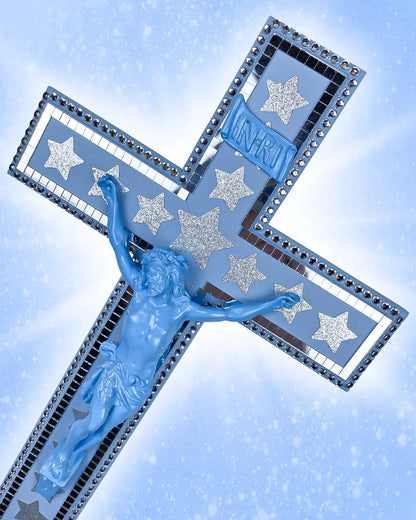 Crucifix Bleu Strass/Facettes God is Queer