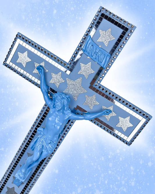 Crucifix Bleu Strass/Facettes God is Queer