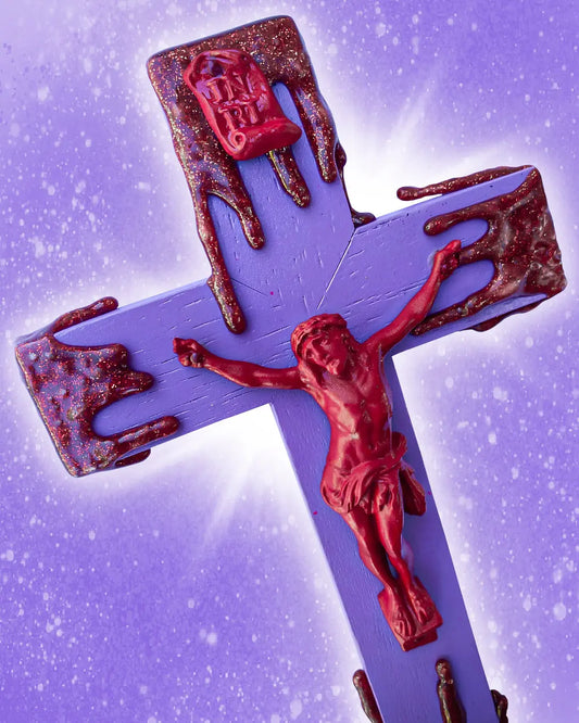 Crucifix Dégoulinant Rouge/Violet God is Queer