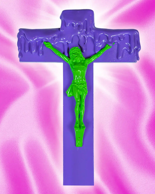 Crucifix Dégoulinant Vert/Violet God is Queer