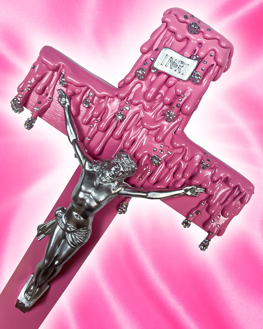 Crucifix Rose Dégoulinant Strass God is Queer