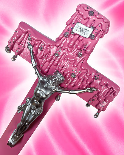 Crucifix Rose Dégoulinant Strass God is Queer