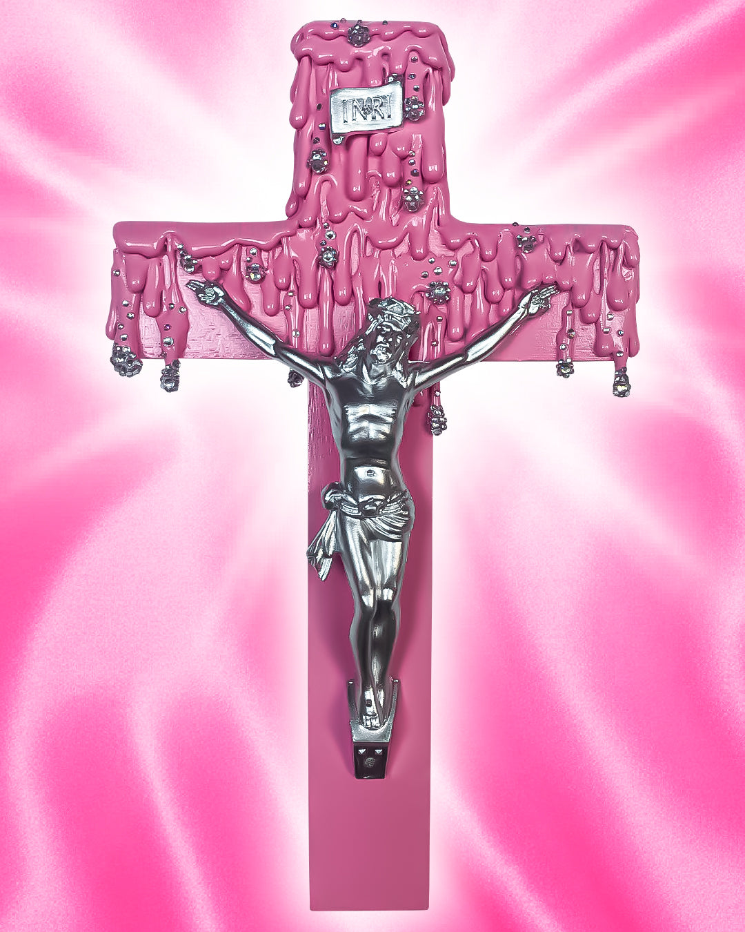 Crucifix Rose Dégoulinant Strass God is Queer
