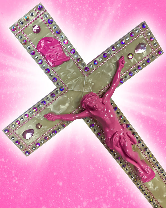 Crucifix Nacre Strass God is Queer
