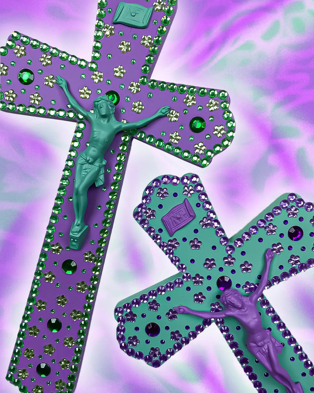 Crucifix Diptyque Violet/Vert Strass God is Queer