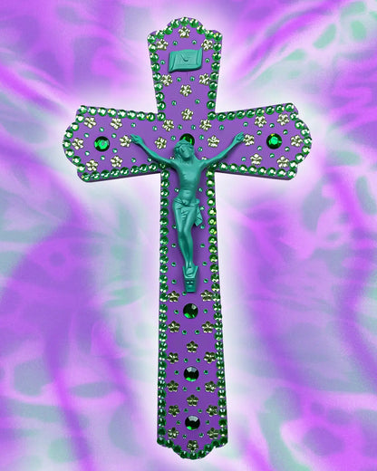 Crucifix Diptyque Violet/Vert Strass God is Queer