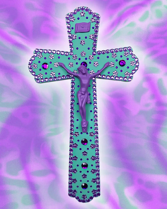 Crucifix Diptyque Violet/Vert Strass God is Queer