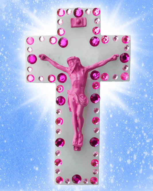 Crucifix Marbre Blanc et Strass Rose God is Queer