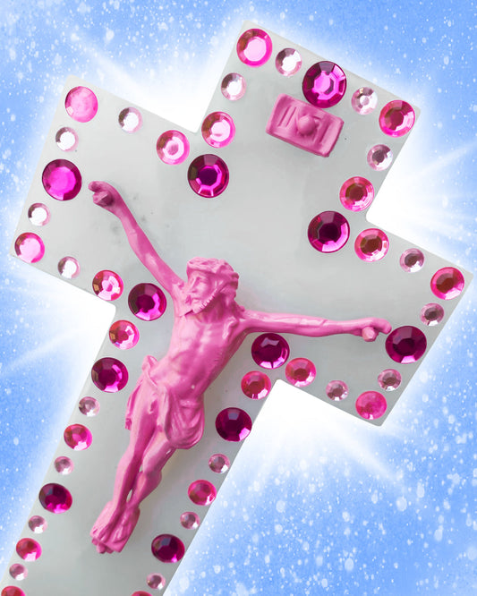 Crucifix Marbre Blanc et Strass Rose God is Queer