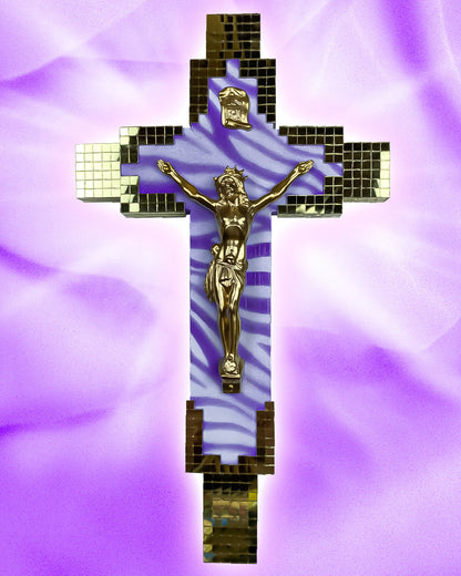 Crucifix Facettes Or Motif Zèbre God is Queer