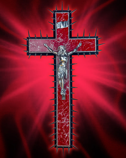 Grand Crucifix à Pointes Imitation Marbre Rouge God is Queer