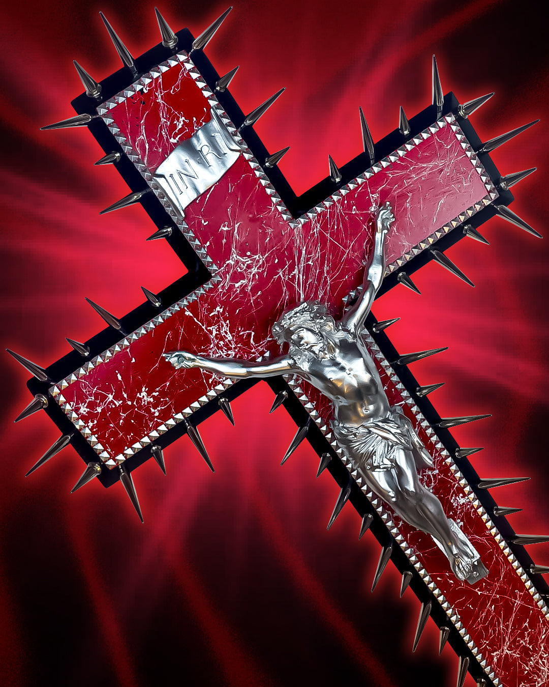 Grand Crucifix à Pointes Imitation Marbre Rouge God is Queer