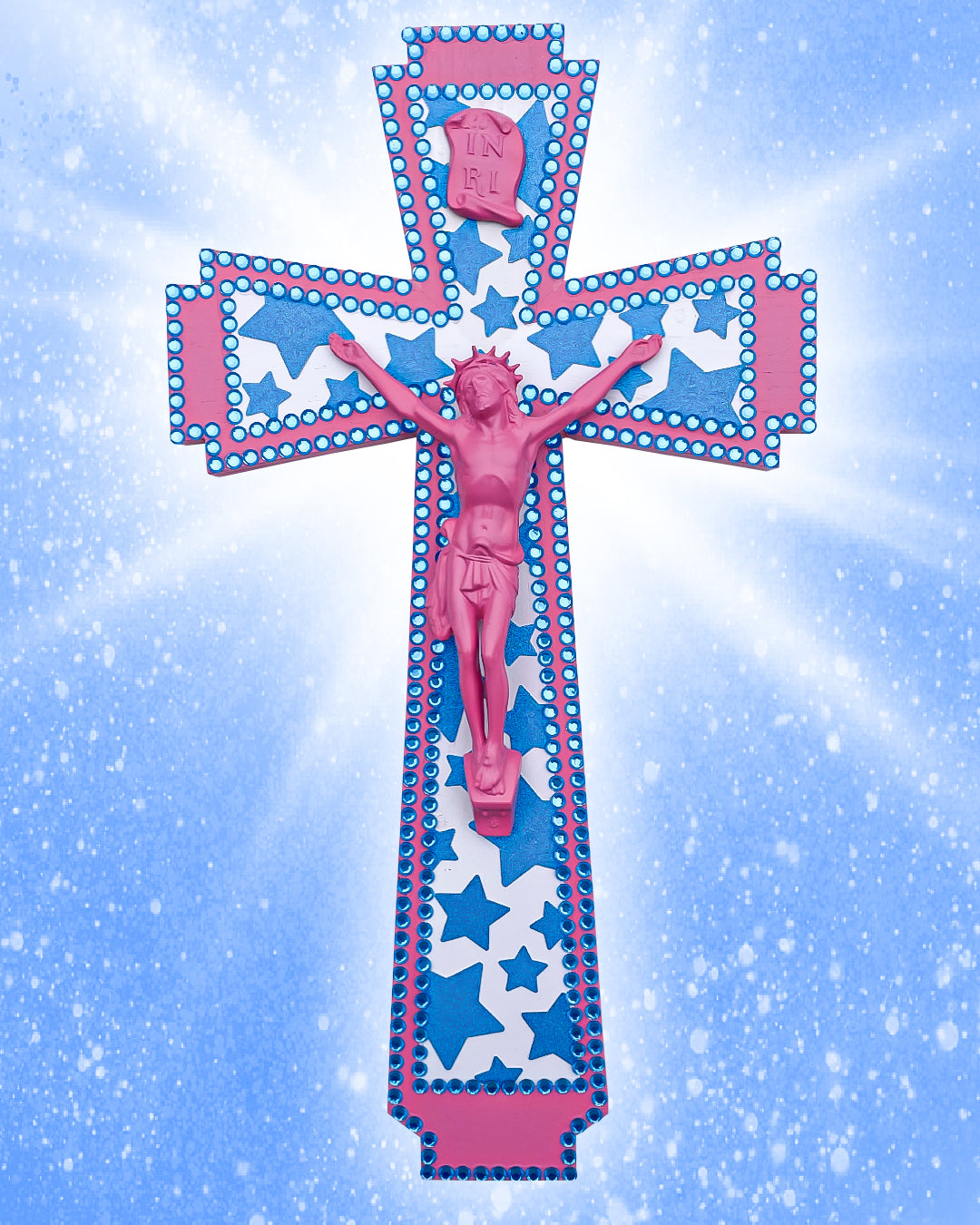 Crucifix Rose Étoiles Bleues God is Queer