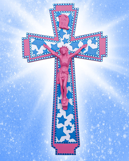 Crucifix Rose Étoiles Bleues God is Queer