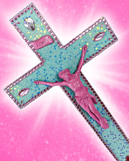 Crucifix Paillettes Turquoise Strass Roses God is Queer