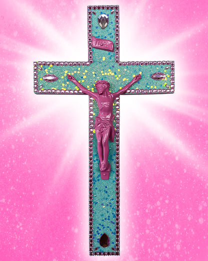 Crucifix Paillettes Turquoise Strass Roses God is Queer
