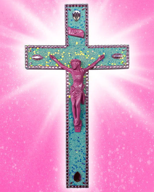 Crucifix Paillettes Turquoise Strass Roses God is Queer