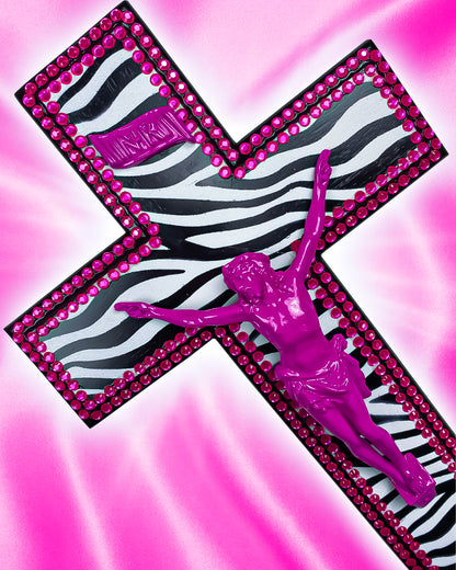 Crucifix Motif Zèbre N&B Violet God is Queer