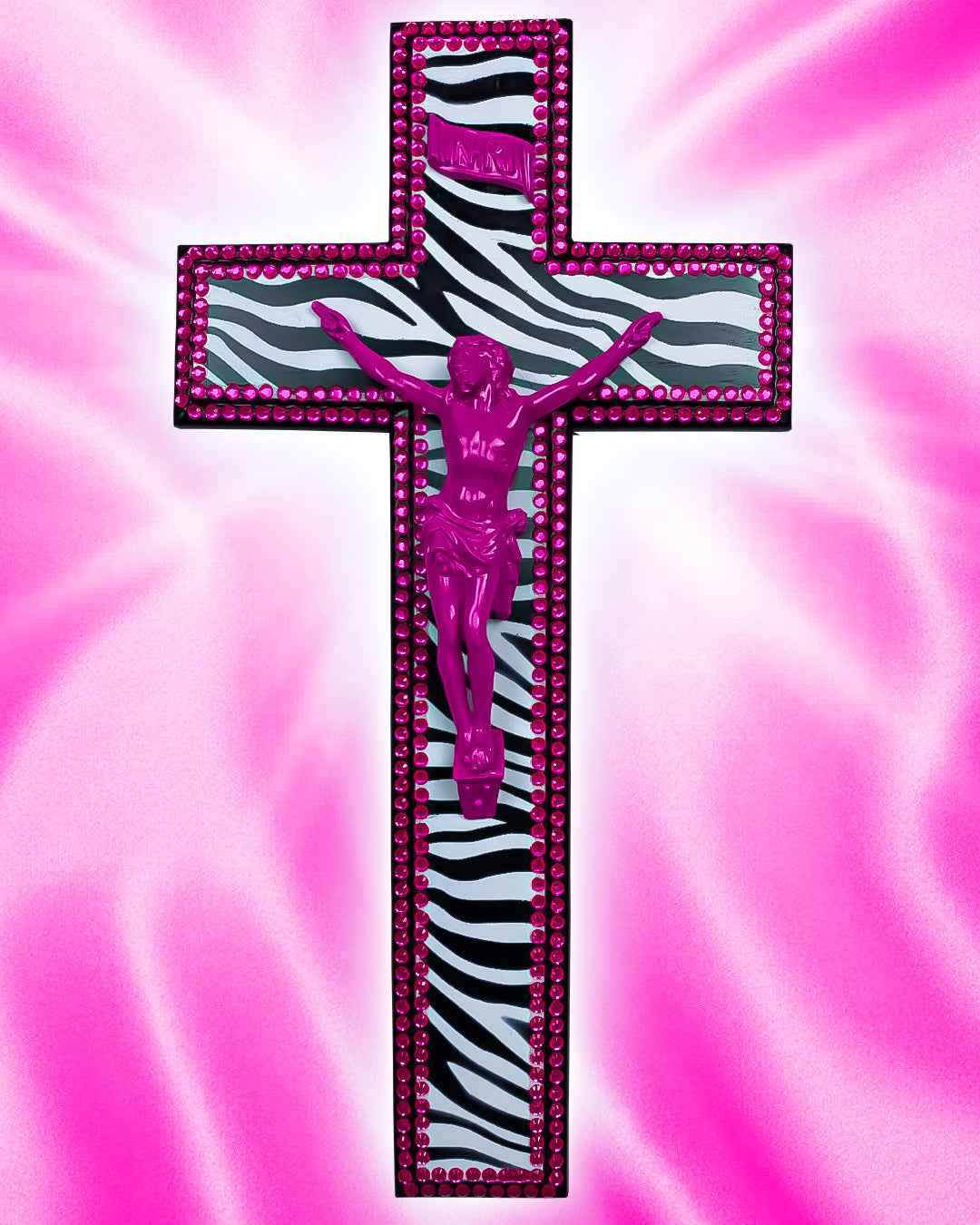 Crucifix Motif Zèbre N&B Violet God is Queer
